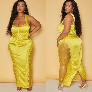 Chartreuse Lace Trim Corset Midi Dress